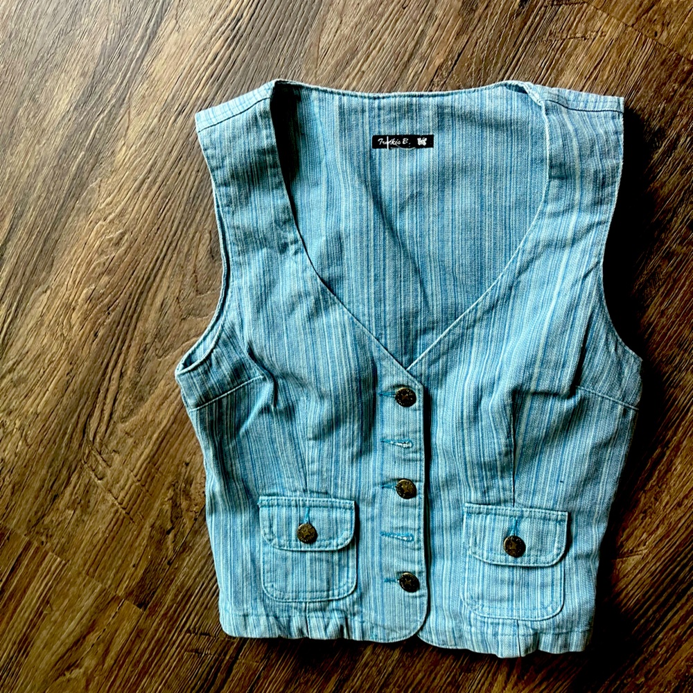 Frankie B. Blue Denim Striped Button-Up Denim Vest Jacket 04 Small